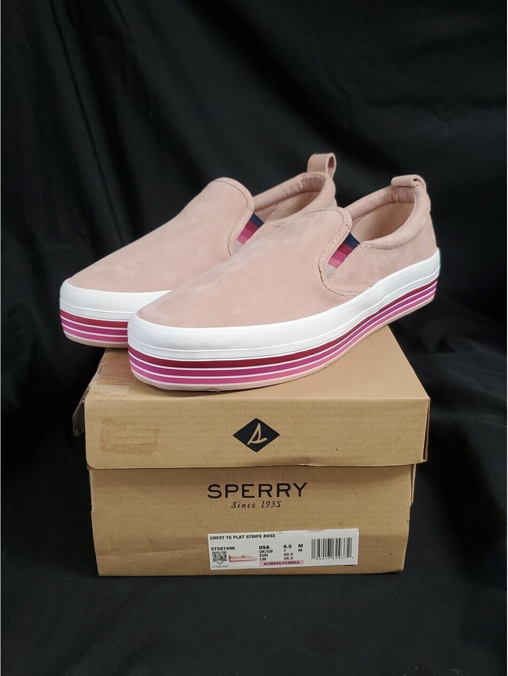 Sperry Crest Twin Gore Platform Stripe Rose Suede Women’s Sneakers Sz. 9.5 NEW